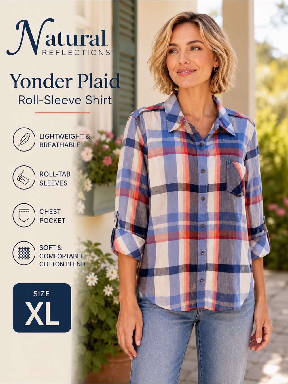 Natural Reflections Yonder Plaid Roll-Tab Shirt | NWT | Blue & Pink | Women’s XL